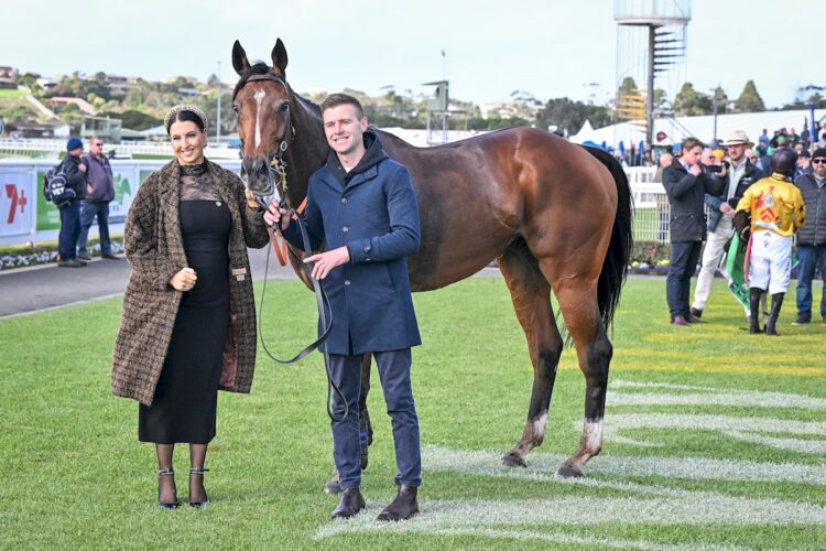 Clayton Douglas with Mr Waterville (IRE) after winning the John Rule Champion Novice Hurdle at Warrnambool Racecourse on May 07, 2026 in Warrnambool, Australia. (Photo by Reg Ryan/Racing Photos)